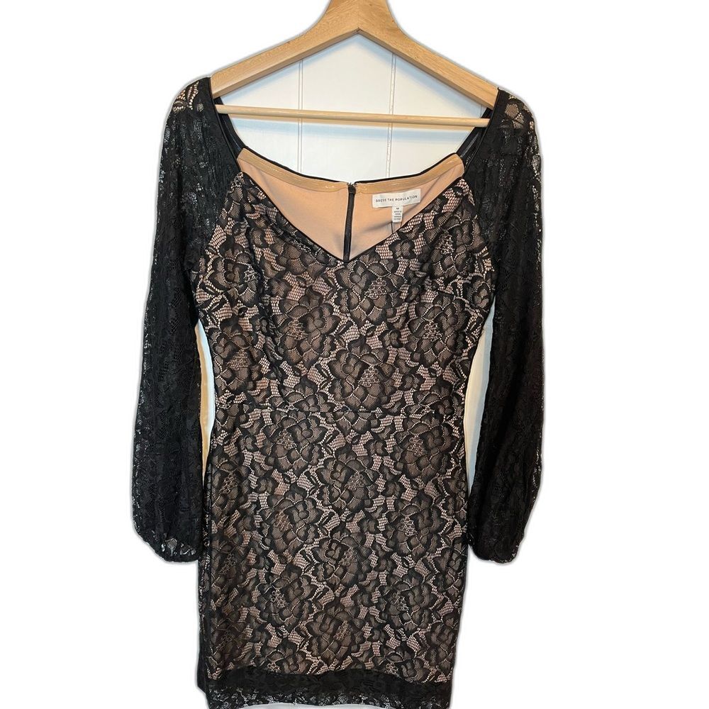 NWT Dress the population Esperanza lace bodycon mini black and nude size M